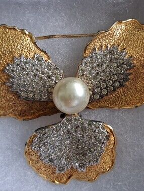 Vtg Nettie Rosenstein Gold Tone and Pave Rhinestone Moth Shaped Brooch